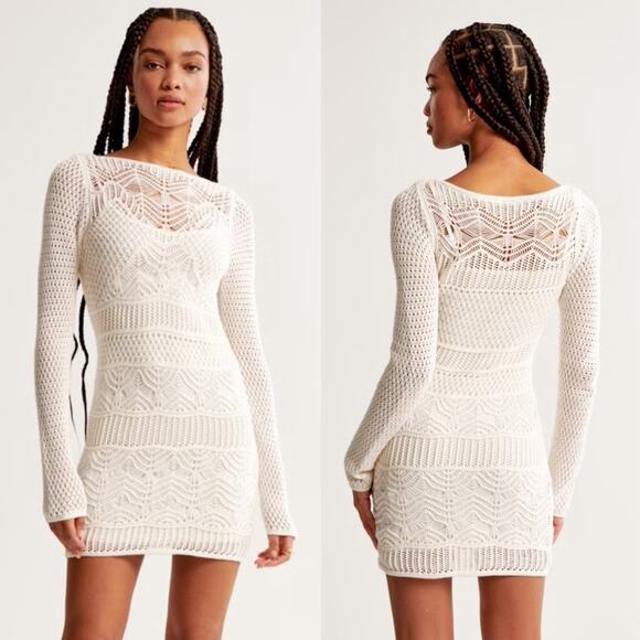 NEW ABERCROMBIE White Crochet Lace Cutout Long Sleeve Lace Mini Sweater Dress XL - Picture 1 of 16